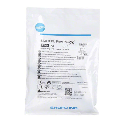 BEAUTIFIL Flow Plus X F00 A1 Verpackung mit Produktinformationen und Herstellerlogo.