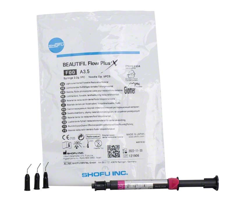 Injizierbares Hybridkomposit BEAUTIFIL Flow Plus X F00 A3.5 mit Zubehör.