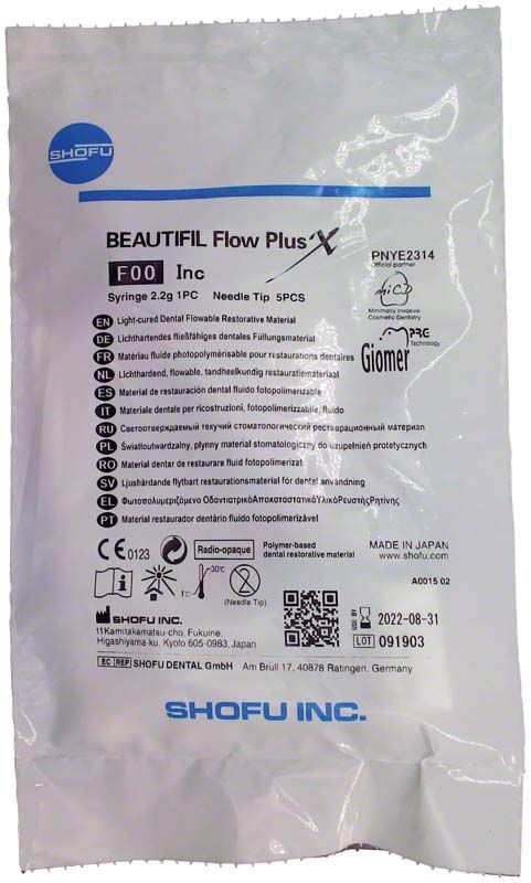 BEAUTIFIL Flow Plus X F00 Inc Spritze in Originalverpackung mit Produktinformationen.