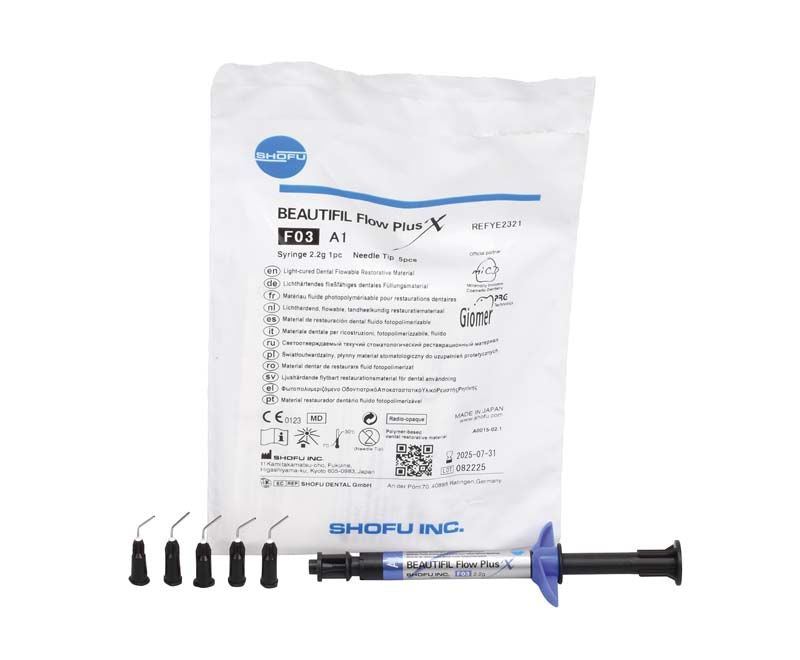 Injizierbares Hybridkomposit BEAUTIFIL Flow Plus X F03 A1 mit Applikationsspritze und Zubehör.