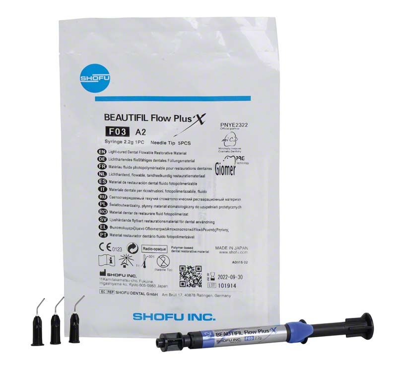 Injizierbares Hybridkomposit BEAUTIFIL Flow Plus X F03 A2 mit Verpackung und Spritze.
