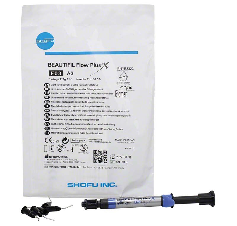 Injizierbares Hybridkomposit BEAUTIFIL Flow Plus X F03 A3 mit Verpackung und Spritze.