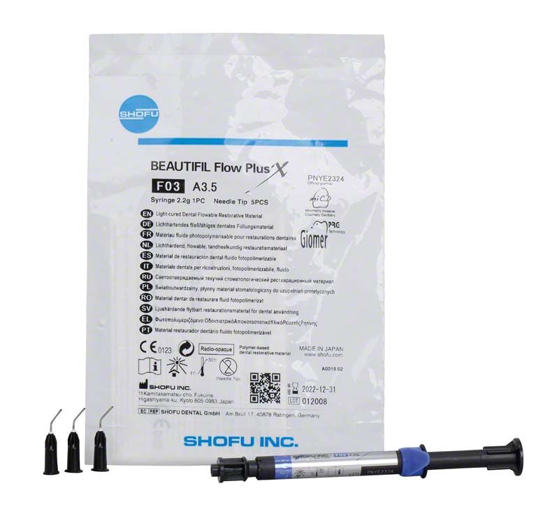 Injektionsspritze BEAUTIFIL Flow Plus X F03 A3.5 vor Verpackung.