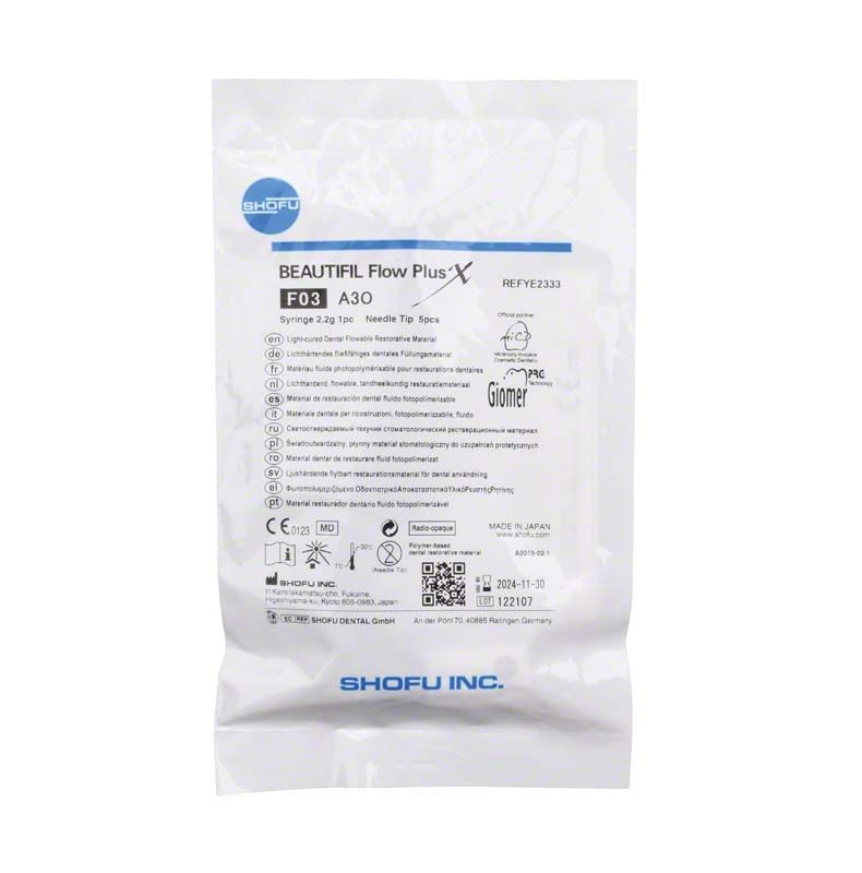 BEAUTIFIL Flow Plus X F03 A3O in originaler Verpackung mit Produktinformationen.