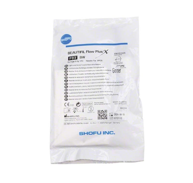 BEAUTIFIL Flow Plus X F03 BW Verpackung mit Produktdetails und Logo.