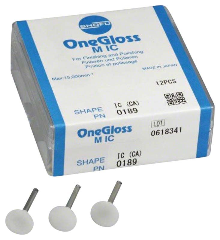 OneGloss M Polierer Form IC in Packung mit drei weißen Silikonpolierern.