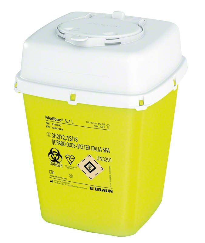 Medibox 5,7 Liter, gelber Kanülensammler mit Sicherheitsverschluss.