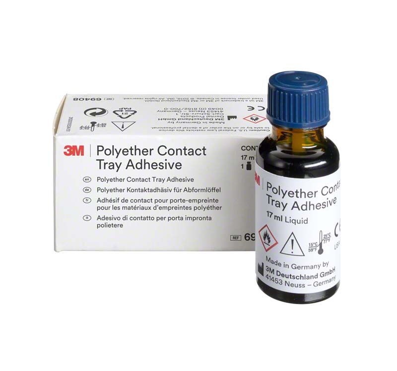 Polyether Contact Tray Adhesive Flasche und Verpackung mit Etikett und Beschreibung.