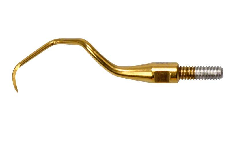 Einschraubbare Kürettenspitze für rückwärtige Zahnflächen in goldener Farbe.