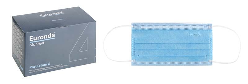 Blauer 4-lagiger medizinischer Mundschutz neben Verpackung mit Markenaufdruck.