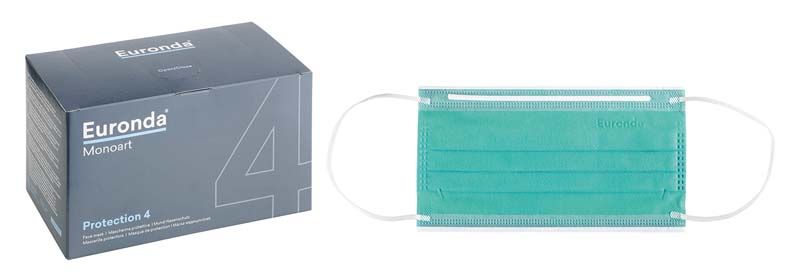 Monoart Mundschutz Pro 4 in Mintgrün neben Verpackung.