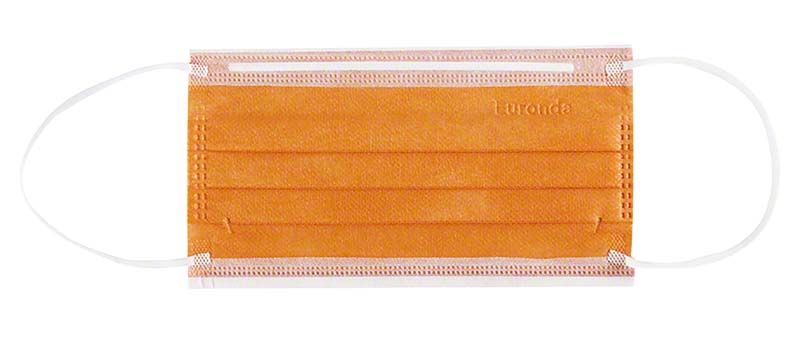 Orangefarbener medizinischer Mundschutz mit Gummizug und vier Lagen.