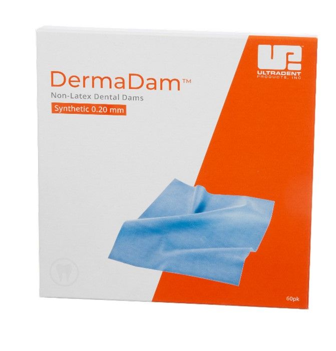 DermaDam™ Synthetic Dental Dams 15x15cm in weißer Verpackung mit blauem Tuch.