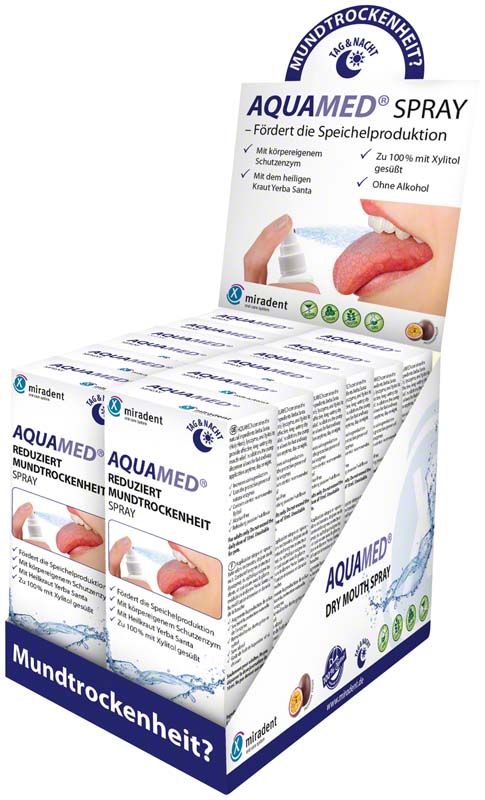 AQUAMED® Spray Display mit Einzelverpackungen zur Linderung von Mundtrockenheit.