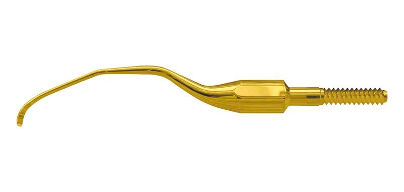 Einschraubbare goldene Kürettenspitze für präzise Dentalhygiene.