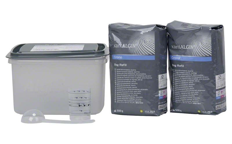 Xantalgin® Crono Alginatabformmaterial mit Farbumschlag, zwei 500g Packungen und Zubehör.
