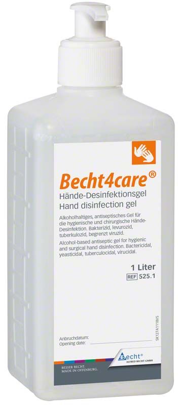 Becht4care® Händedesinfektionsgel Flasche 1 Liter mit Pumpverschluss.