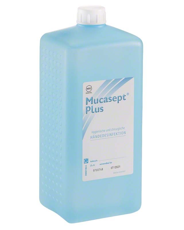 Mucasept® Plus Euroflasche 1 Liter Händedesinfektionsmittel in blauer Flasche.