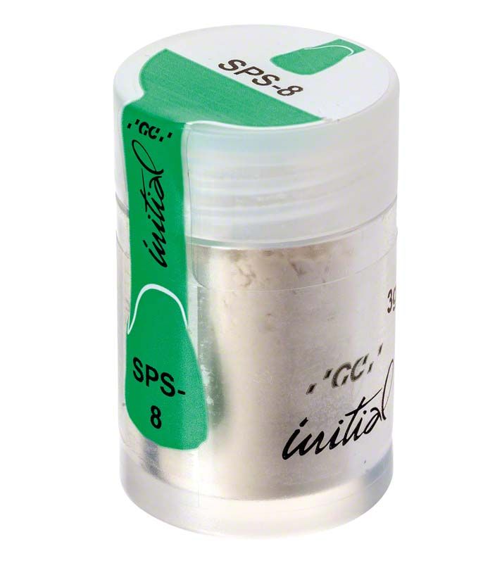 Transparenter Behälter mit Initial™ Spectrum Stain SPS-8 Olive Pulver, grünes Etikett.