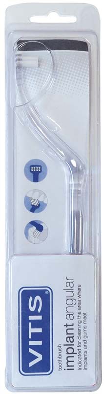 VITIS® implant Angular Zahnbürste in transparenter Verpackung mit Produktinformationen.