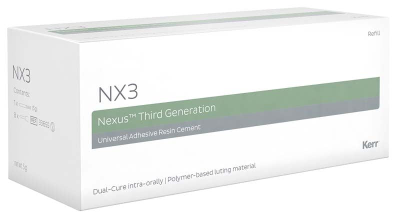 Verpackung des NX3 dualhärtend Befestigungszements von Kerr mit Produktinformationen.