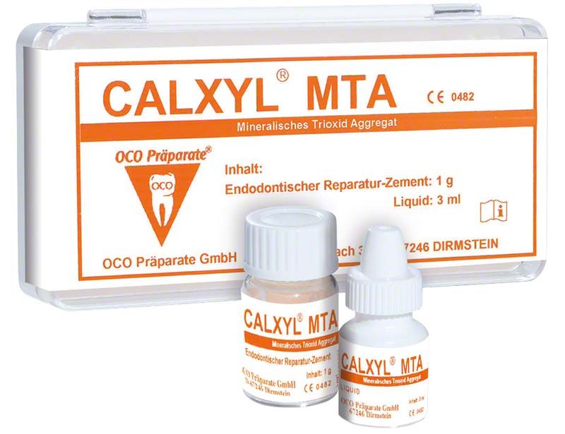 CALXYL MTA Verpackung mit Endodontischem Reparatur-Zement und Flüssigkeit.