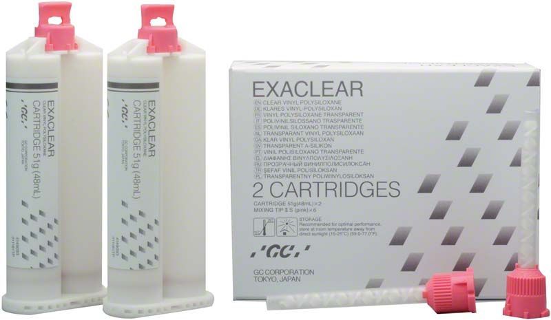 EXACLEAR Silikon-Abformmaterial mit Kartuschen und Mischaufsätzen im Set.