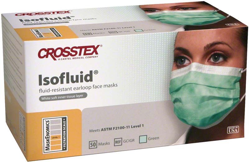 Grüne Isofluid™ Ohrschlaufenmaske in Verpackung mit Produktdetails.