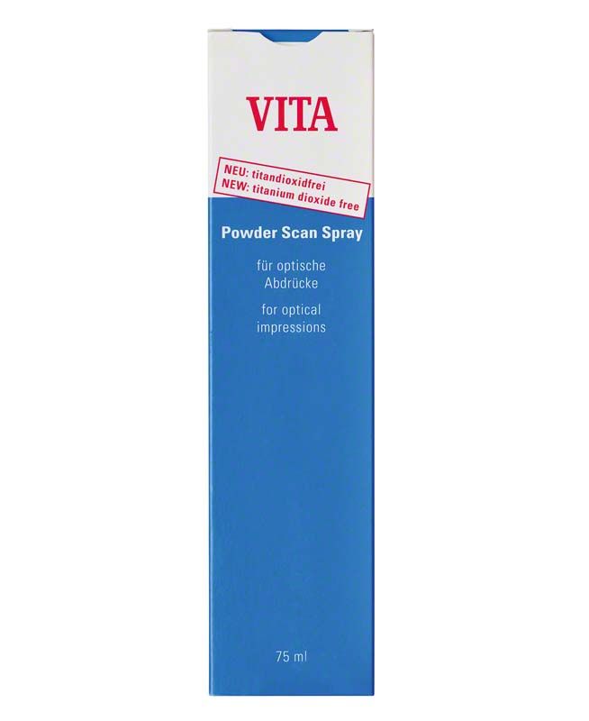 Blau-weiße Verpackung von VITA Powder Scan Spray, titandioxidfrei.