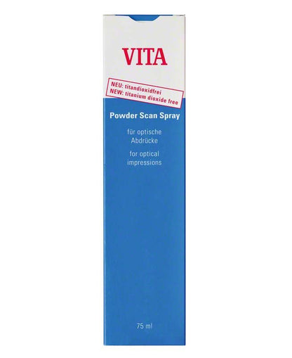 Blau-weiße Verpackung von VITA Powder Scan Spray, titandioxidfrei.