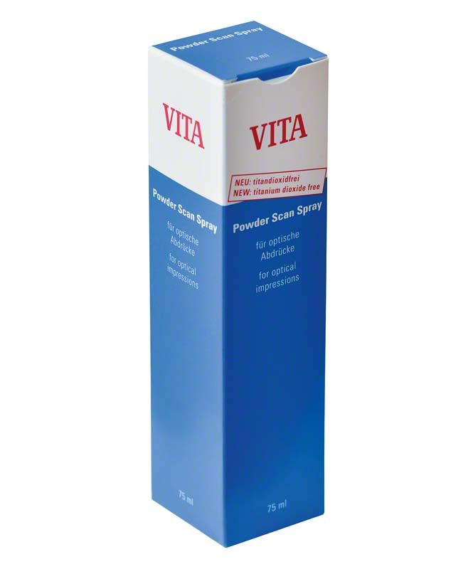 VITA Powder Scan Spray Verpackung in Blau mit Produkthinweisen.
