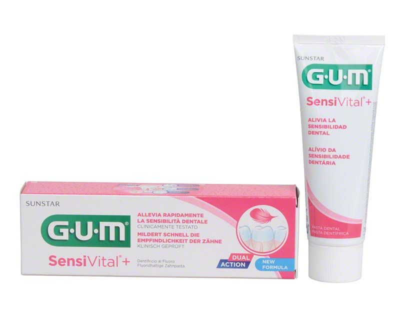 GUM SensiVital+ Zahnpasta Tube und Verpackung mit Produktdetails.