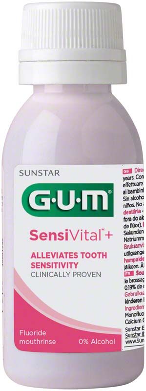 GUM SensiVital+ Mundspülung Flasche 30ml mit Etikettendetails.