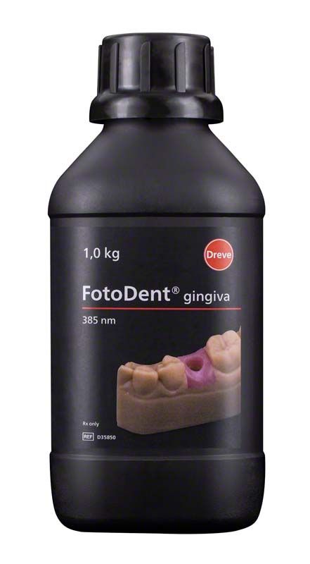 Schwarze Flasche FotoDent® gingiva 385 nm 1 kg mit Zahndarstellung.