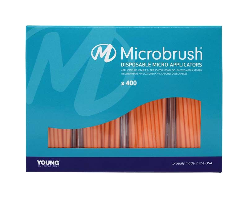 Microbrush Plus Applikatoren 400er orange in blauer Verpackung mit Sichtfenster.