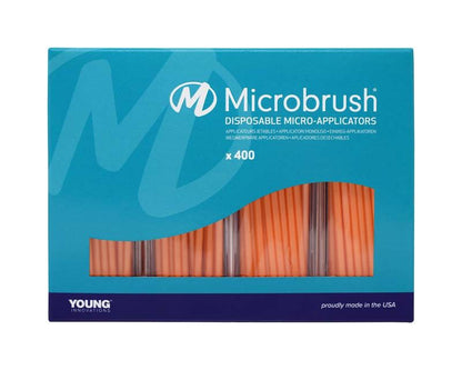 Microbrush Plus Applikatoren 400er orange in blauer Verpackung mit Sichtfenster.