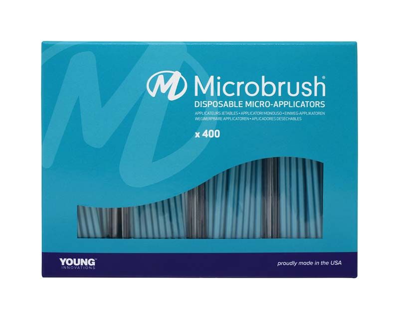 Microbrush Plus Applikatoren 400er petrol ultrafein in blauer Verpackung mit Sichtfenster.