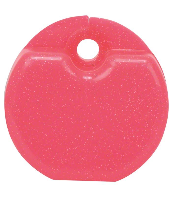 Metallische Zahnspangendose in neonpink mit glitzernder Oberfläche.