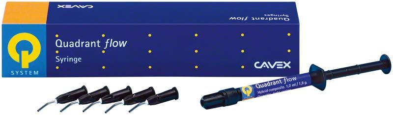 Cavex Quadrant Flow Spritze A2 mit Verpackung und Applikationsspitzen.