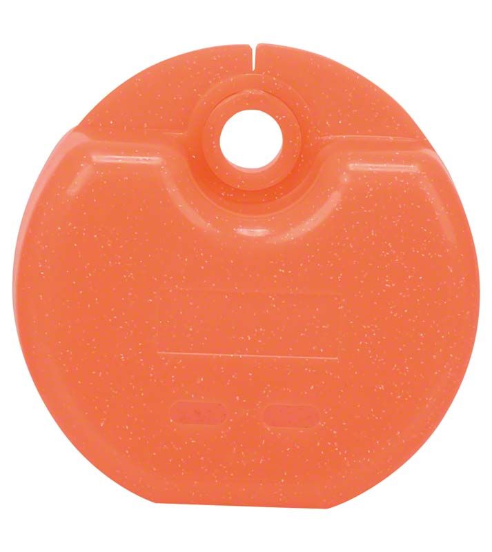 Metallische Zahnspangenbox in Neonorange mit Glitzeroptik.