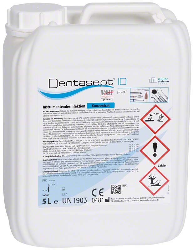 Dentasept® ID pur Kanister mit Etikett und Gefahrenpiktogrammen.