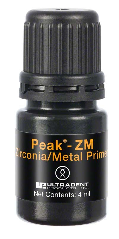 Flasche des Peak-ZM® Zirkonoxid/Metall Primers mit schwarzem Verschluss.