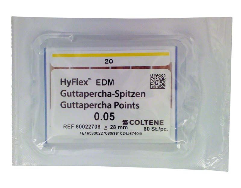 HyFlex™ EDM Guttaperchaspitzen 20/.05 in steril verpackter Blisterpackung.