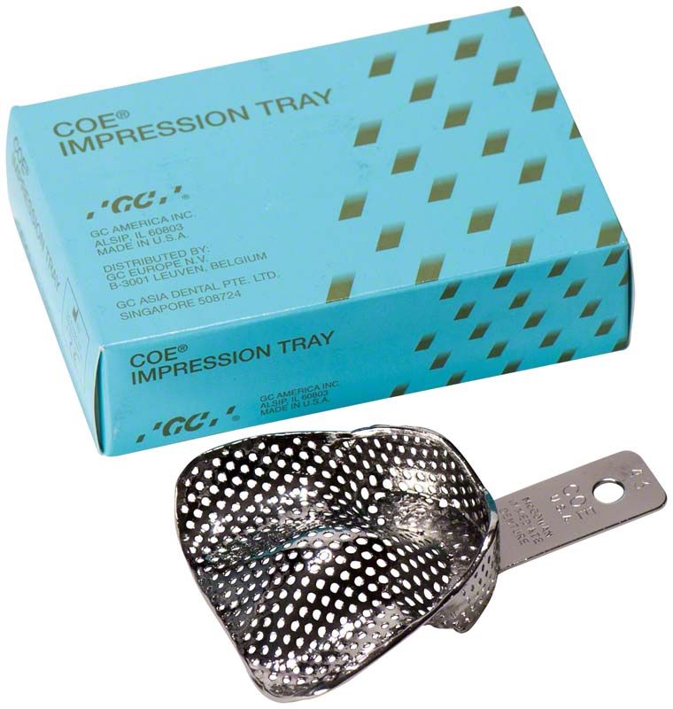 Metall-Löffel für Zahnarztabdrücke neben Verpackung in Blau mit Logo.