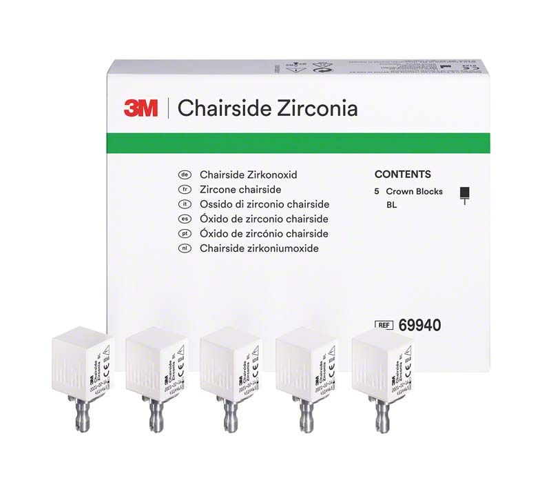 3M Chairside Zirkoniumoxidblöcke 20mm BL mit Verpackung, fünf Stück.