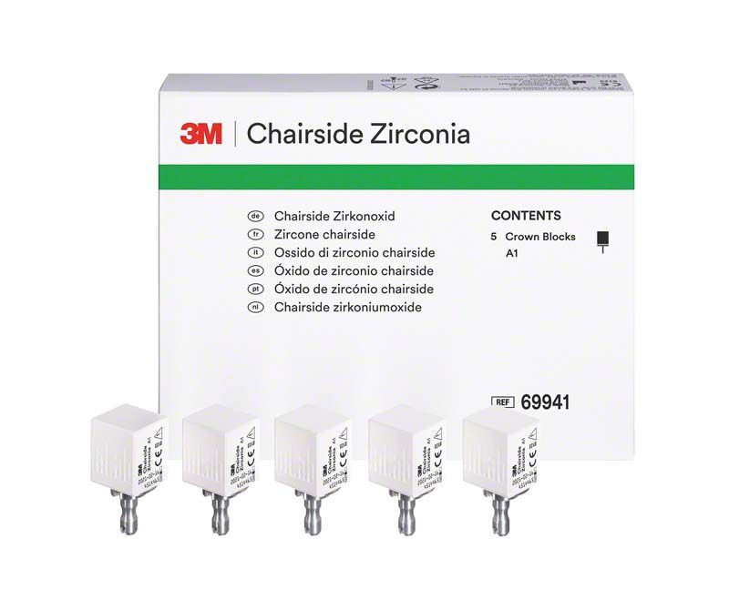 3M™ Chairside Zirkoniumoxidblöcke A1 mit Verpackung im Hintergrund.