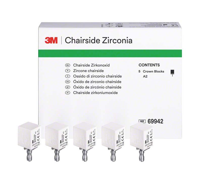 3M™ Chairside Zirkoniumoxidblöcke A2 vor Produktverpackung