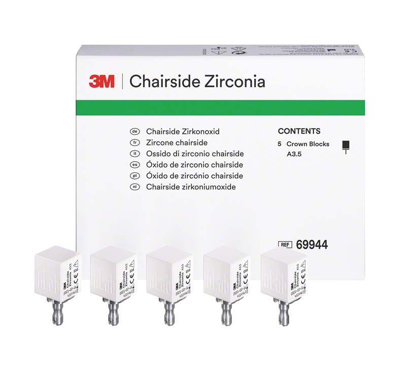 3M™ Chairside Zirkoniumoxidblöcke A3,5 vor Verpackung.