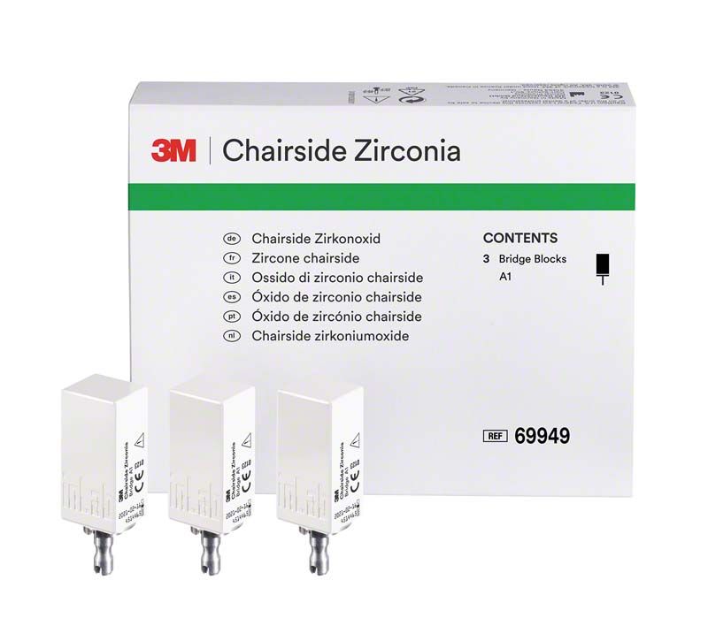 3M™ Chairside Zirkoniumoxid 39mm A1 mit Verpackung und drei Blöcken.