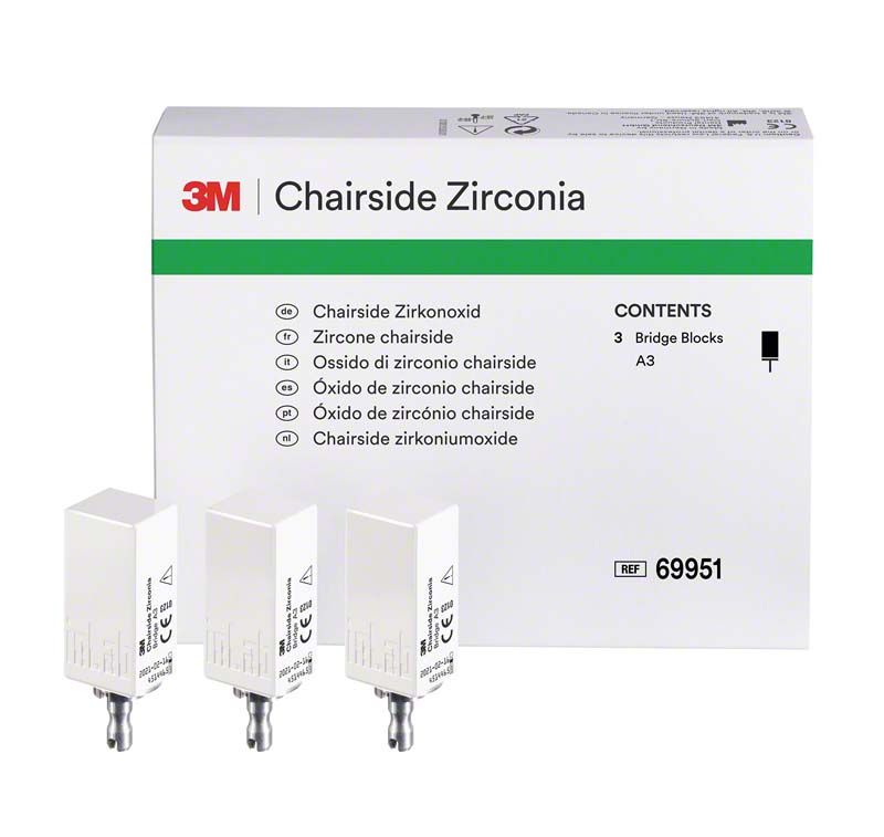 3M™ Chairside Zirkoniumoxid 39mm A3 Verpackung mit drei Blöcken.